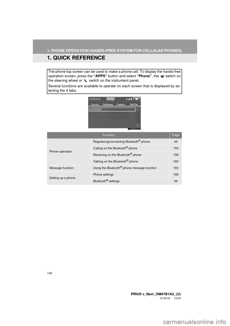 TOYOTA PRIUS V 2016 ZVW40 / 1.G Navigation Manual 148
PRIUS v_Navi_OM47B14U_(U)
15.06.04     12:24
1. PHONE OPERATION (HANDS-FREE SYSTEM FOR CELLULAR PHONES)
1. QUICK REFERENCE
The phone top screen can be used to make a phone call. To display the han