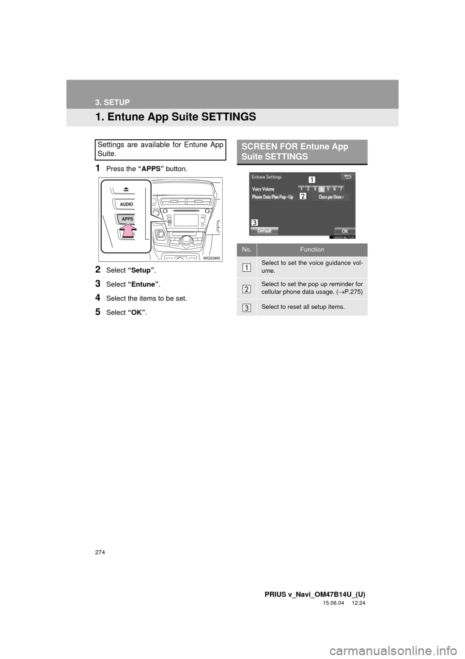 TOYOTA PRIUS V 2016 ZVW40 / 1.G Navigation Manual 274
PRIUS v_Navi_OM47B14U_(U)
15.06.04 12:24
3. SETUP
1. Entune App Suite SETTINGS
1Press the “APPS” button.
2Select “Setup” .
3Select “Entune” .
4Select the items to be set.
5Select TOYOTA PRIUS V 2016 ZVW40 / 1.G Navigation Manual 274
PRIUS v_Navi_OM47B14U_(U)
15.06.04 12:24
3. SETUP
1. Entune App Suite SETTINGS
1Press the “APPS” button.
2Select “Setup” .
3Select “Entune” .
4Select the items to be set.
5Select