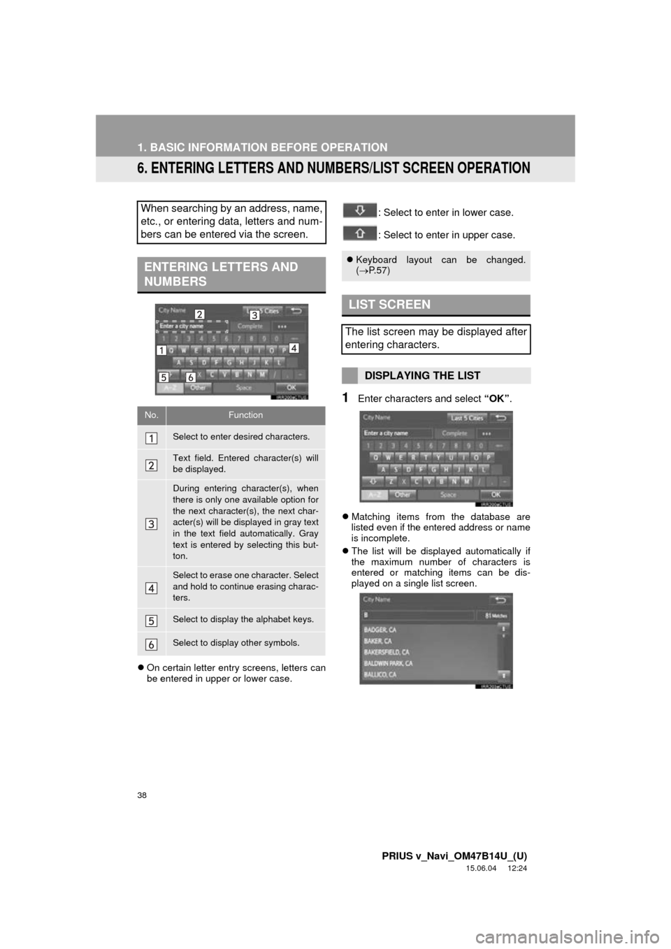 TOYOTA PRIUS V 2016 ZVW40 / 1.G Navigation Manual 38
1. BASIC INFORMATION BEFORE OPERATION
PRIUS v_Navi_OM47B14U_(U)
15.06.04     12:24
6. ENTERING LETTERS AND NUMBERS/LIST SCREEN OPERATION
On certain letter entry screens, letters can
be entered i