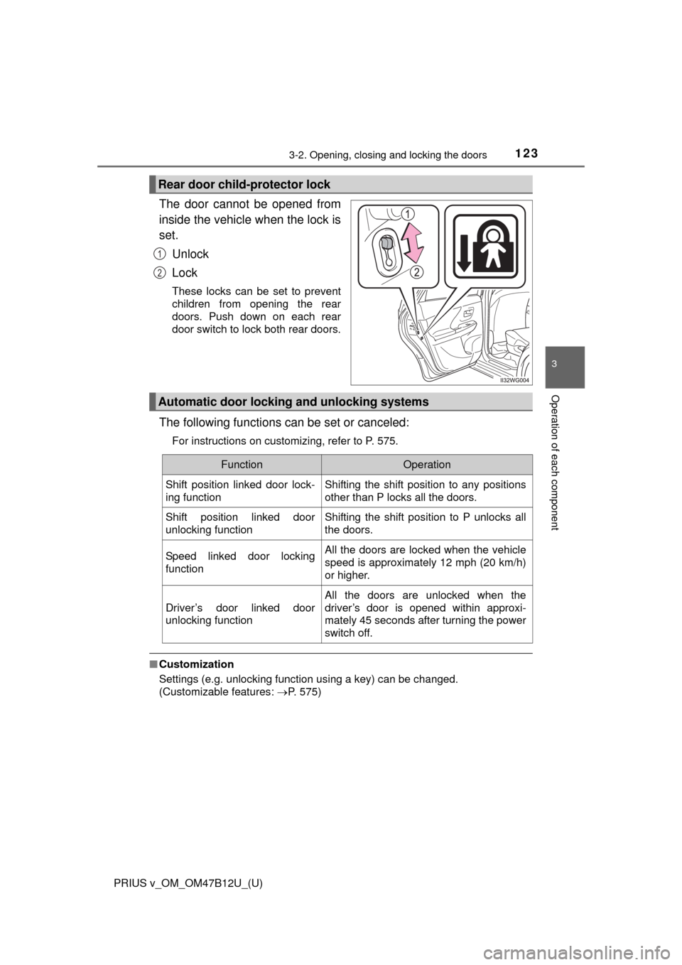 TOYOTA PRIUS V 2016 ZVW40 / 1.G Owners Manual PRIUS v_OM_OM47B12U_(U)
1233-2. Opening, closing and locking the doors
3
Operation of each component
The door cannot be opened from
inside the vehicle when the lock is
set.
Unlock
Lock
These locks can