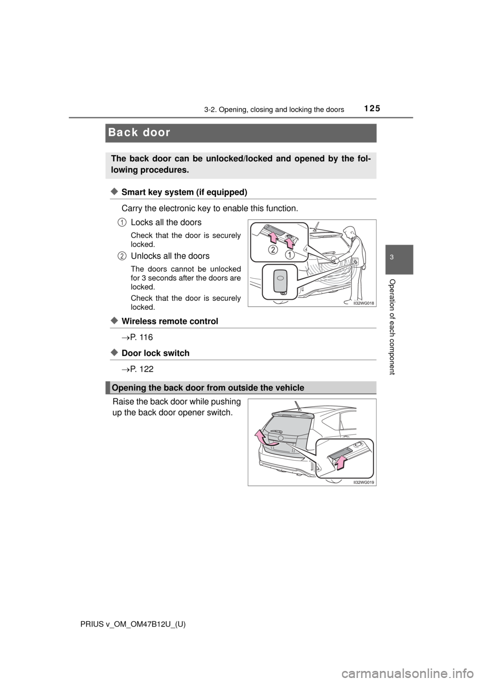 TOYOTA PRIUS V 2016 ZVW40 / 1.G Owners Manual 125
PRIUS v_OM_OM47B12U_(U)
3-2. Opening, closing and locking the doors
3
Operation of each component
Back door
◆Smart key system (if equipped)
Carry the electronic key to enable this function.
Lock