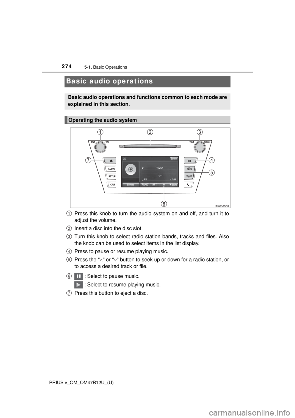 TOYOTA PRIUS V 2016 ZVW40 / 1.G Owners Manual 274
PRIUS v_OM_OM47B12U_(U)
5-1. Basic Operations
Basic audio operations
Press this knob to turn the audio system on and off, and turn it to
adjust the volume.
Insert a disc into the disc slot.
Turn t