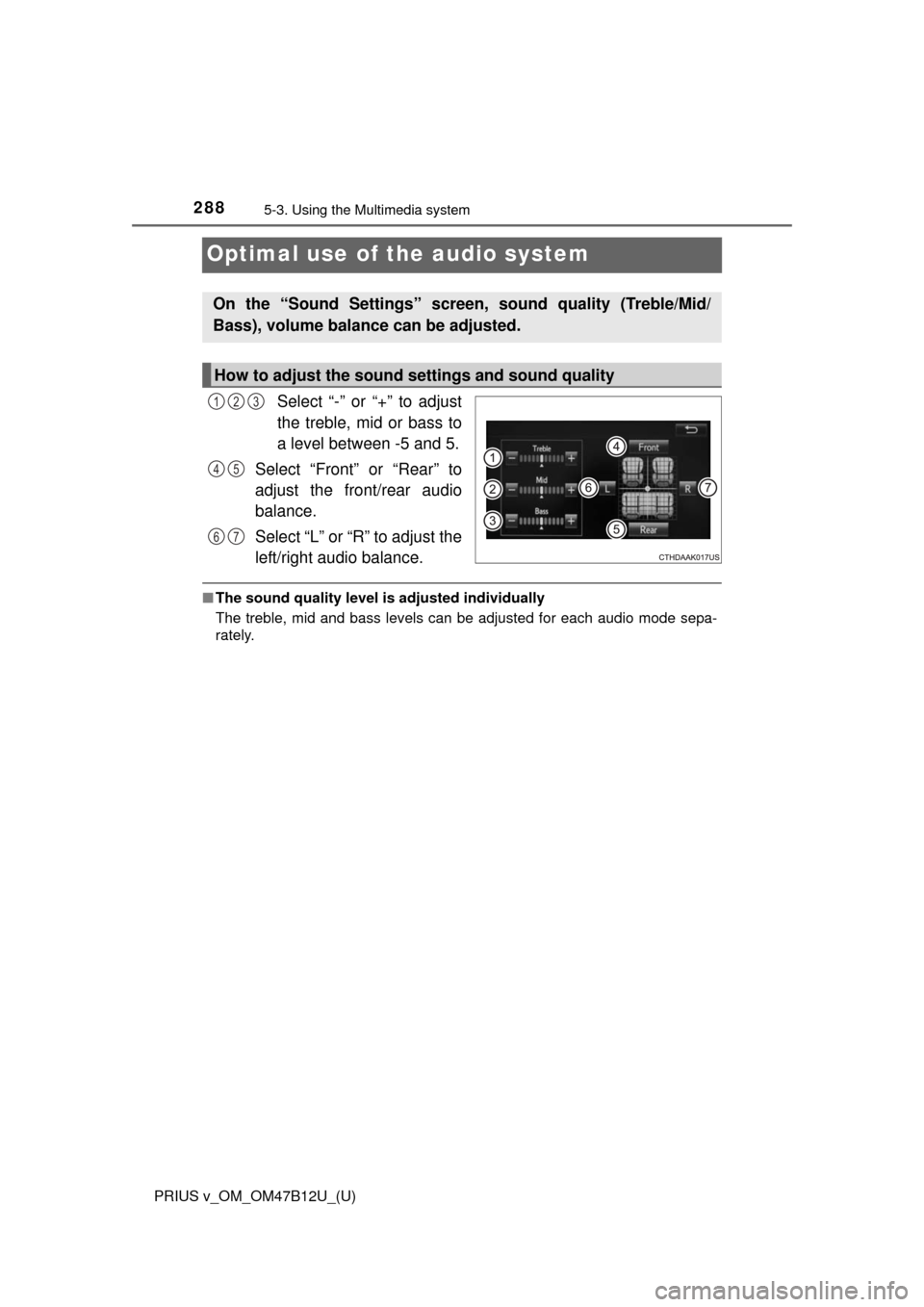 TOYOTA PRIUS V 2016 ZVW40 / 1.G Owners Manual 288
PRIUS v_OM_OM47B12U_(U)
5-3. Using the Multimedia system
Optimal use of the audio system
Select “-” or “+” to adjust
the treble, mid or bass to
a level between -5 and 5.
Select “Front”