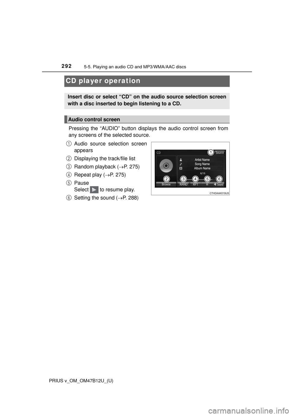 TOYOTA PRIUS V 2016 ZVW40 / 1.G Owners Manual 292
PRIUS v_OM_OM47B12U_(U)
5-5. Playing an audio CD and MP3/WMA/AAC discs
CD player operation
Pressing the “AUDIO” button displays the audio control screen from
any screens of the selected source