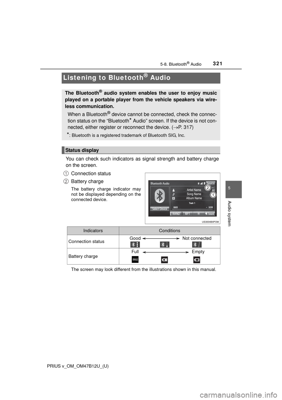 TOYOTA PRIUS V 2016 ZVW40 / 1.G Owners Manual 321
PRIUS v_OM_OM47B12U_(U)
5-8. Bluetooth® Audio
5
Audio system
Listening to Bluetooth® Audio
You can check such indicators as signal strength and battery charge
on the screen.
Connection status
Ba