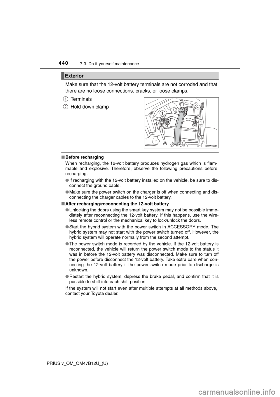 TOYOTA PRIUS V 2016 ZVW40 / 1.G Owners Manual 440
PRIUS v_OM_OM47B12U_(U)
7-3. Do-it-yourself maintenance
Make sure that the 12-volt battery terminals are not corroded and that
there are no loose connections, cracks, or loose clamps.
Terminals
Ho