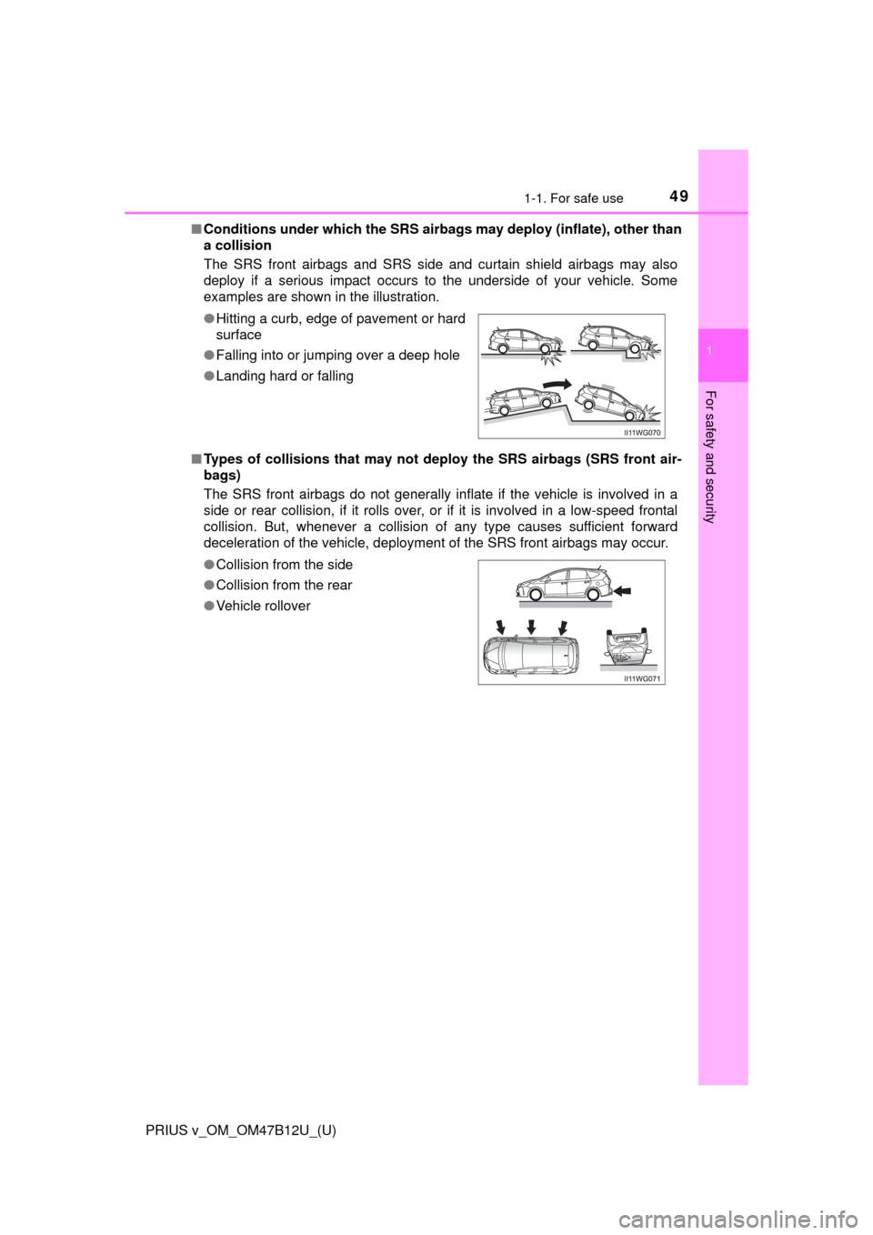 TOYOTA PRIUS V 2016 ZVW40 / 1.G Service Manual 491-1. For safe use
PRIUS v_OM_OM47B12U_(U)
1
For safety and security
■Conditions under which the SRS airbags may deploy (inflate), other than
a collision
The SRS front airbags and SRS side and curt TOYOTA PRIUS V 2016 ZVW40 / 1.G Service Manual 491-1. For safe use
PRIUS v_OM_OM47B12U_(U)
1
For safety and security
■Conditions under which the SRS airbags may deploy (inflate), other than
a collision
The SRS front airbags and SRS side and curt