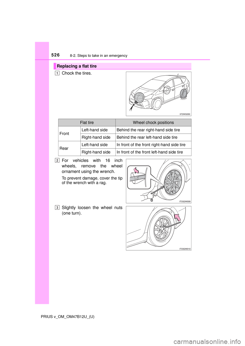 TOYOTA PRIUS V 2016 ZVW40 / 1.G Owners Manual 5268-2. Steps to take in an emergency
PRIUS v_OM_OM47B12U_(U)
Chock the tires.
For vehicles with 16 inch
wheels, remove the wheel
ornament using the wrench.
To prevent damage, cover the tip
of the wre