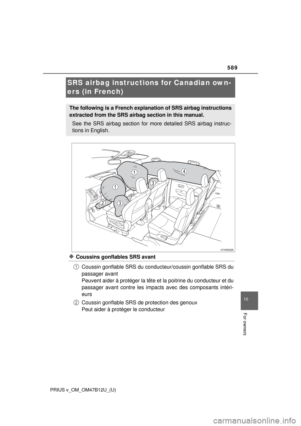 TOYOTA PRIUS V 2016 ZVW40 / 1.G Owners Manual 589
PRIUS v_OM_OM47B12U_(U)
10
For owners
SRS airbag instructions for Canadian own-
ers (in French)
◆Coussins gonflables SRS avant
Coussin gonflable SRS du conducteur/coussin gonflable SRS du
passag