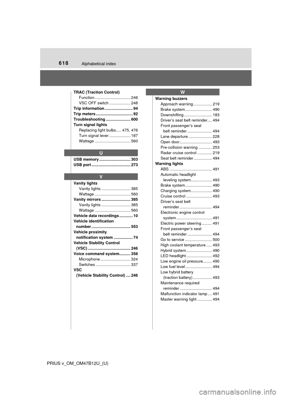 TOYOTA PRIUS V 2016 ZVW40 / 1.G Owners Manual 618Alphabetical index
PRIUS v_OM_OM47B12U_(U)
TRAC (Traction Control)
Function ................................ 246
VSC OFF switch ................... 248
Trip information ......................... 94