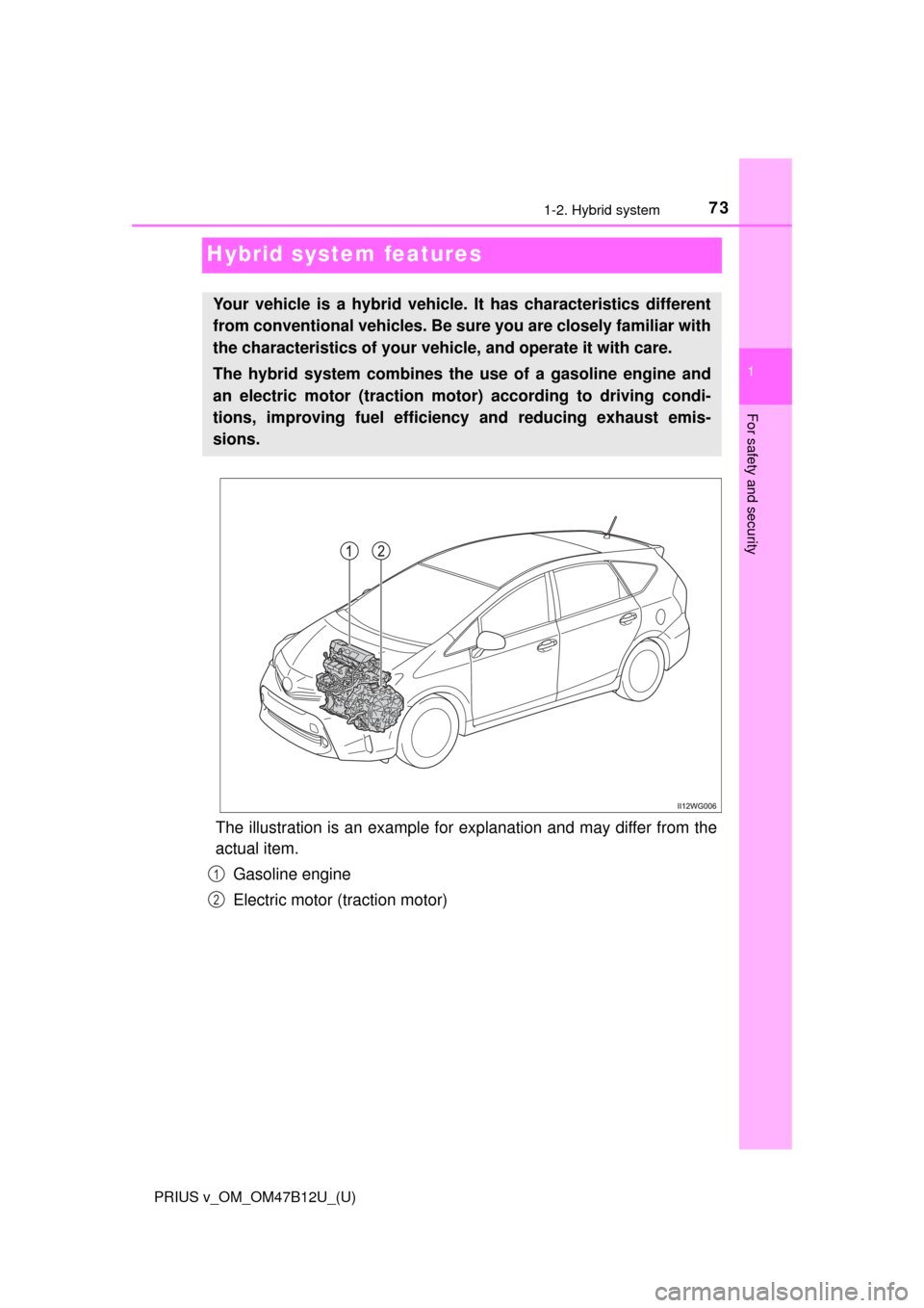 TOYOTA PRIUS V 2016 ZVW40 / 1.G Manual PDF 731-2. Hybrid system
PRIUS v_OM_OM47B12U_(U)
1
For safety and security
Hybrid system features
The illustration is an example for explanation and may differ from the
actual item.
Gasoline engine
Electr TOYOTA PRIUS V 2016 ZVW40 / 1.G Manual PDF 731-2. Hybrid system
PRIUS v_OM_OM47B12U_(U)
1
For safety and security
Hybrid system features
The illustration is an example for explanation and may differ from the
actual item.
Gasoline engine
Electr