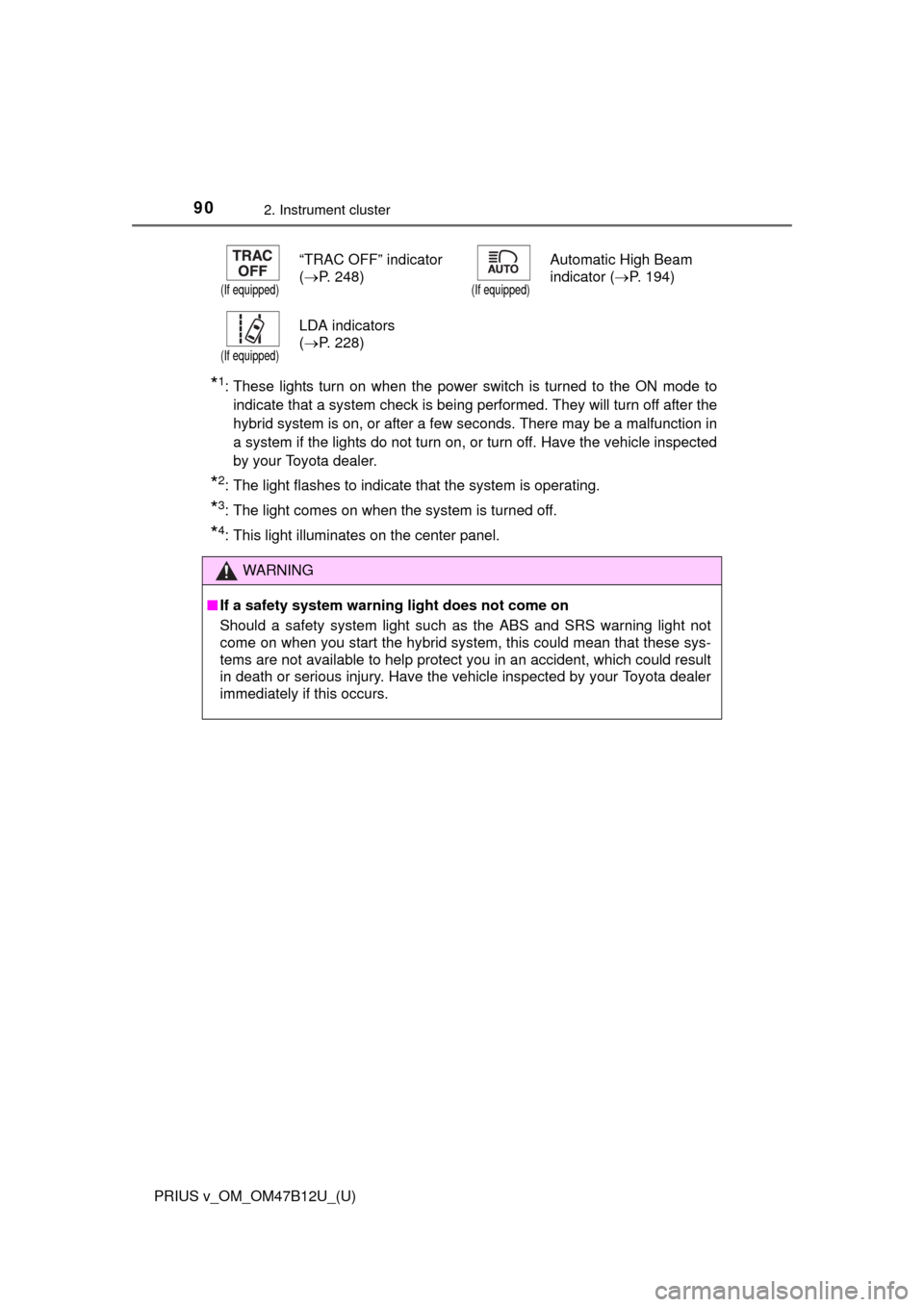 TOYOTA PRIUS V 2016 ZVW40 / 1.G Owners Manual 90
PRIUS v_OM_OM47B12U_(U)
2. Instrument cluster
*1: These lights turn on when the power switch is turned to the ON mode to
indicate that a system check is being performed. They will turn off after th