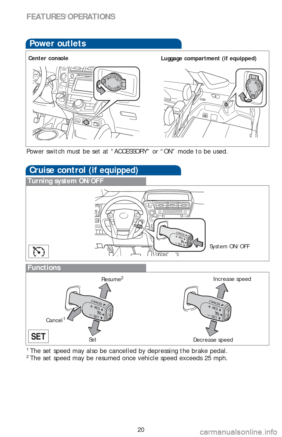 TOYOTA PRIUS V 2016 ZVW40 / 1.G Quick Reference Guide 20
Cruise control (if equipped)
1 The set speed may also be cancelled by depressing the brake pedal.2 The set speed may be resumed once vehicle speed exceeds 25 mph.
Turning system ON/OFF
Functions
S TOYOTA PRIUS V 2016 ZVW40 / 1.G Quick Reference Guide 20
Cruise control (if equipped)
1 The set speed may also be cancelled by depressing the brake pedal.2 The set speed may be resumed once vehicle speed exceeds 25 mph.
Turning system ON/OFF
Functions
S