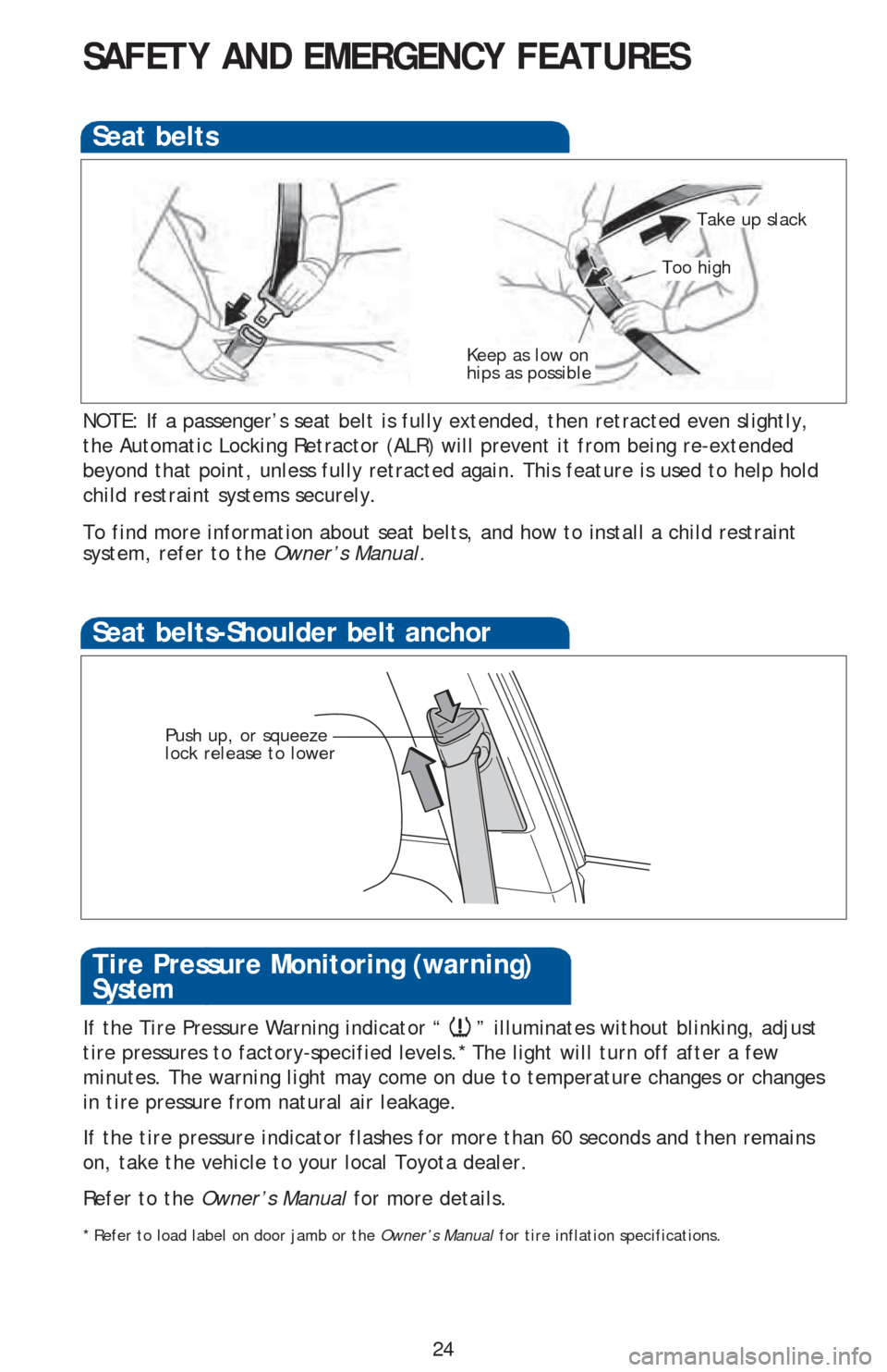 TOYOTA PRIUS V 2016 ZVW40 / 1.G Quick Reference Guide 24
SAFETY AND EMERGENCY FEATURES
NOTE: If a passenger’s seat belt is fully extended, then retracted even slightly,
the Automatic Locking Retractor (ALR) will prevent it from being re-extended
beyo TOYOTA PRIUS V 2016 ZVW40 / 1.G Quick Reference Guide 24
SAFETY AND EMERGENCY FEATURES
NOTE: If a passenger’s seat belt is fully extended, then retracted even slightly,
the Automatic Locking Retractor (ALR) will prevent it from being re-extended
beyo