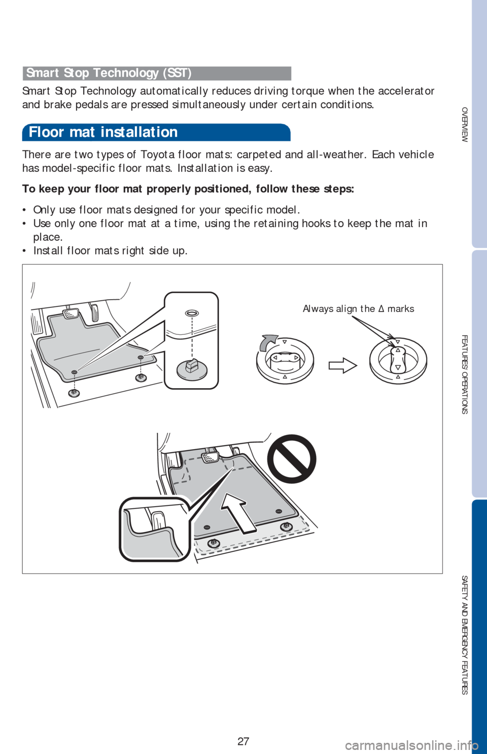 TOYOTA PRIUS V 2016 ZVW40 / 1.G Quick Reference Guide OVERVIEWFEATURES/OPERATIONS
SAFETY AND EMERGENCY FEATURES
27 There are two types of Toyota floor mats: carpeted and all-weather. Each vehicle
has model-specific floor mats. Installation is easy.
To TOYOTA PRIUS V 2016 ZVW40 / 1.G Quick Reference Guide OVERVIEWFEATURES/OPERATIONS
SAFETY AND EMERGENCY FEATURES
27 There are two types of Toyota floor mats: carpeted and all-weather. Each vehicle
has model-specific floor mats. Installation is easy.
To