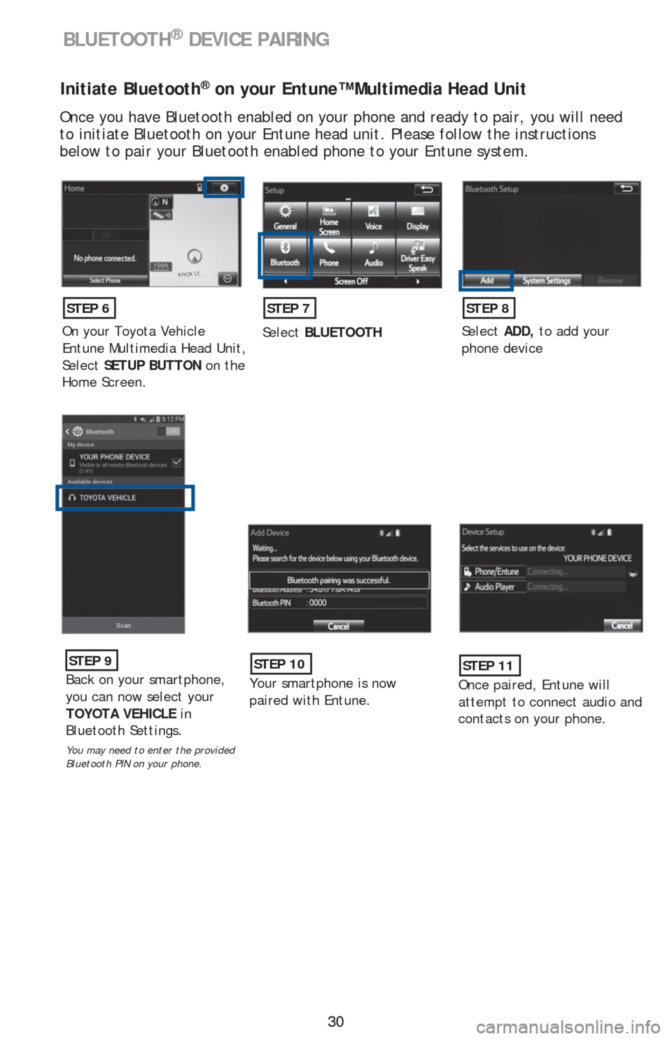TOYOTA PRIUS V 2016 ZVW40 / 1.G Quick Reference Guide 30 30
BLUETOOTH® DEVICE PAIRING
Initiate Bluetooth® on your Entune™ Multimedia Head Unit
Once you have Bluetooth enabled on your phone and ready to pair, you will need
to initiate Bluetooth on yo TOYOTA PRIUS V 2016 ZVW40 / 1.G Quick Reference Guide 30 30
BLUETOOTH® DEVICE PAIRING
Initiate Bluetooth® on your Entune™ Multimedia Head Unit
Once you have Bluetooth enabled on your phone and ready to pair, you will need
to initiate Bluetooth on yo