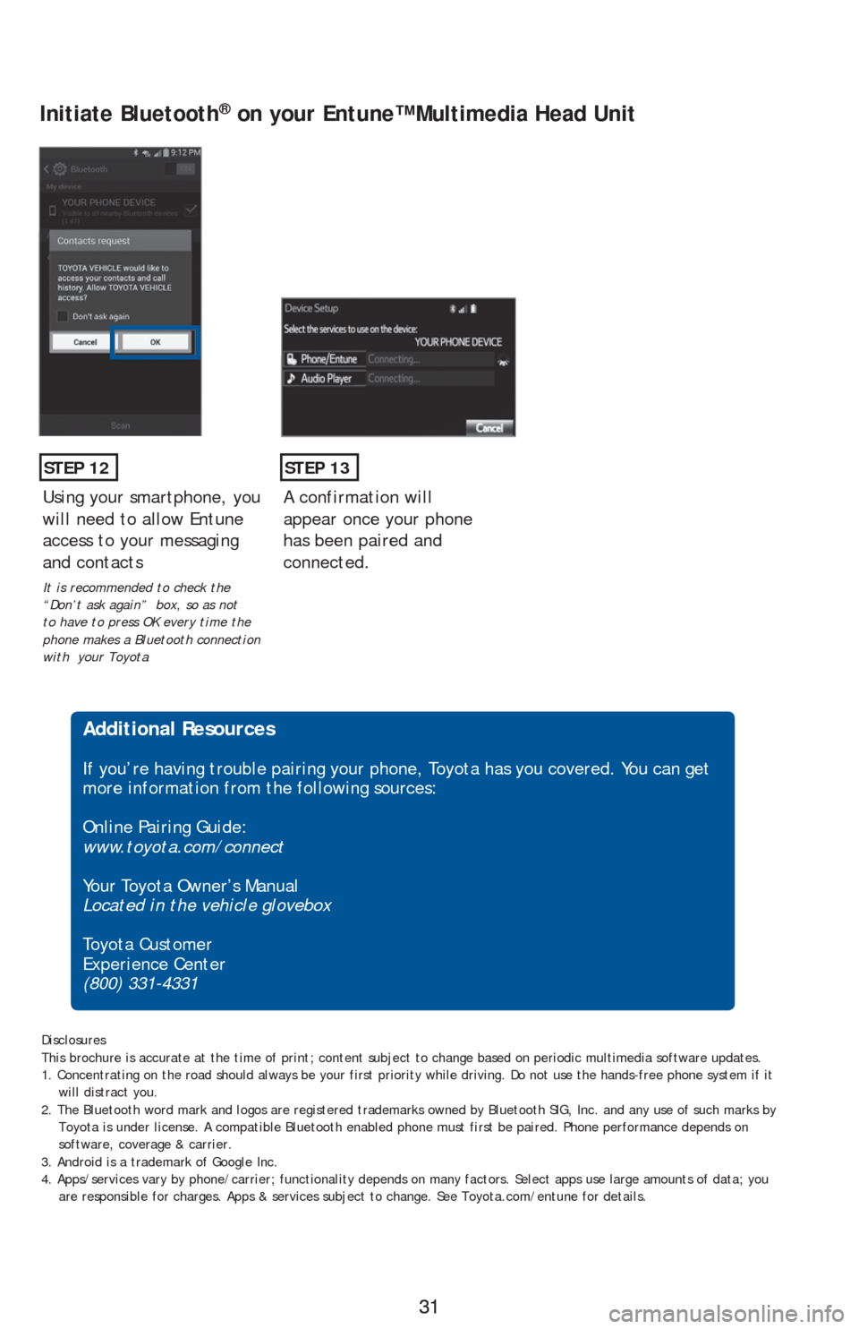 TOYOTA PRIUS V 2016 ZVW40 / 1.G Quick Reference Guide 31 31
STEP 12
Initiate Bluetooth® on your Entune™ Multimedia Head Unit
A confirmation will
appear once your phone
has been paired and
connected.
STEP 13
Additional Resources
If you’re having TOYOTA PRIUS V 2016 ZVW40 / 1.G Quick Reference Guide 31 31
STEP 12
Initiate Bluetooth® on your Entune™ Multimedia Head Unit
A confirmation will
appear once your phone
has been paired and
connected.
STEP 13
Additional Resources
If you’re having
