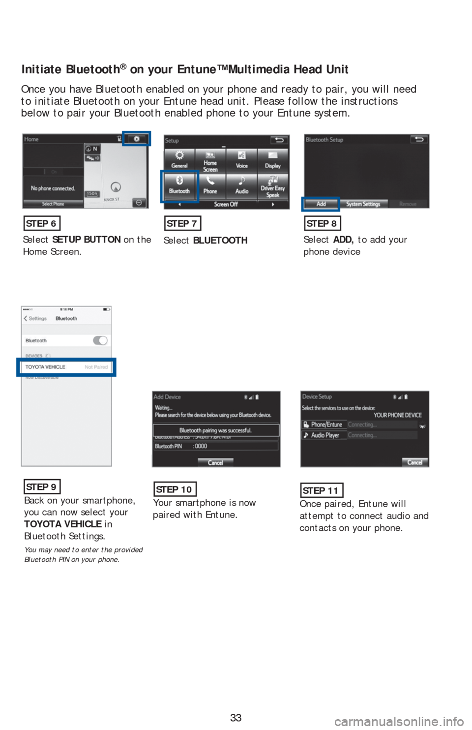 TOYOTA PRIUS V 2016 ZVW40 / 1.G Quick Reference Guide 33 33
Initiate Bluetooth® on your Entune™ Multimedia Head Unit
Once you have Bluetooth enabled on your phone and ready to pair, you will need
to initiate Bluetooth on your Entune head unit. Please TOYOTA PRIUS V 2016 ZVW40 / 1.G Quick Reference Guide 33 33
Initiate Bluetooth® on your Entune™ Multimedia Head Unit
Once you have Bluetooth enabled on your phone and ready to pair, you will need
to initiate Bluetooth on your Entune head unit. Please