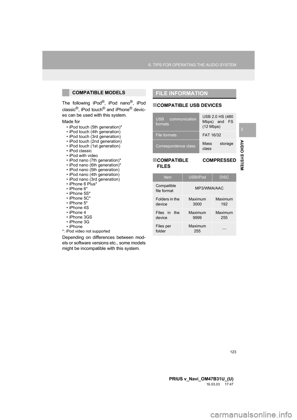 TOYOTA PRIUS V 2017 ZVW40 / 1.G Navigation Manual 123
6. TIPS FOR OPERATING THE AUDIO SYSTEM
PRIUS v_Navi_OM47B31U_(U)
16.03.03 17:47
AUDIO SYSTEM
3
The following iPod®, iPod nano®, iPod
classic®, iPod touch® and iPhone® devic-
es can be use TOYOTA PRIUS V 2017 ZVW40 / 1.G Navigation Manual 123
6. TIPS FOR OPERATING THE AUDIO SYSTEM
PRIUS v_Navi_OM47B31U_(U)
16.03.03 17:47
AUDIO SYSTEM
3
The following iPod®, iPod nano®, iPod
classic®, iPod touch® and iPhone® devic-
es can be use