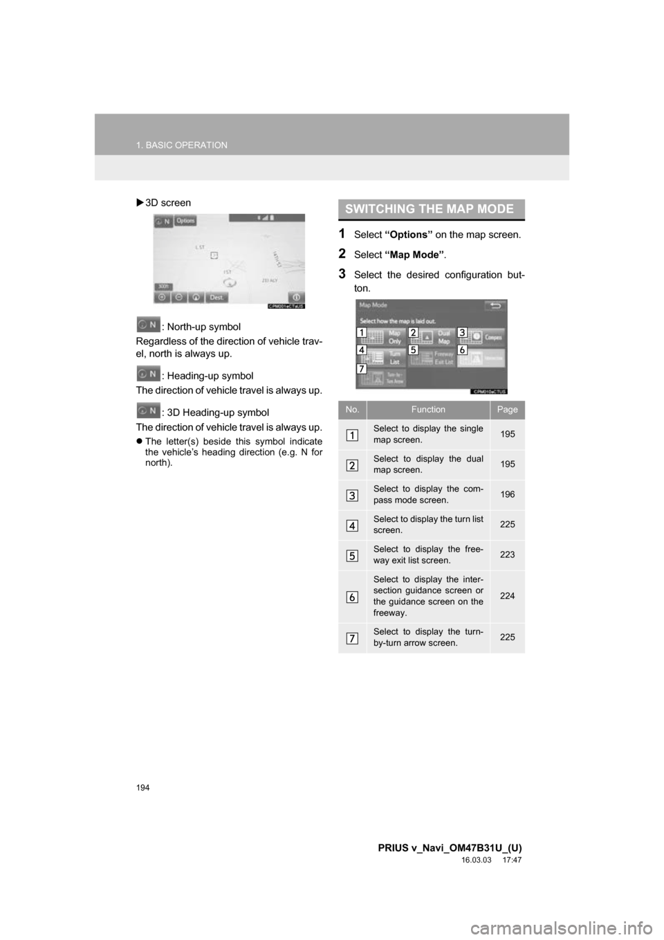 TOYOTA PRIUS V 2017 ZVW40 / 1.G Navigation Manual 194
1. BASIC OPERATION
PRIUS v_Navi_OM47B31U_(U)
16.03.03 17:47
ļµ3D screen
: North-up symbol
Regardless of the direction of vehicle trav-
el, north is always up.
: Heading-up symbol
The directio TOYOTA PRIUS V 2017 ZVW40 / 1.G Navigation Manual 194
1. BASIC OPERATION
PRIUS v_Navi_OM47B31U_(U)
16.03.03 17:47
ļµ3D screen
: North-up symbol
Regardless of the direction of vehicle trav-
el, north is always up.
: Heading-up symbol
The directio