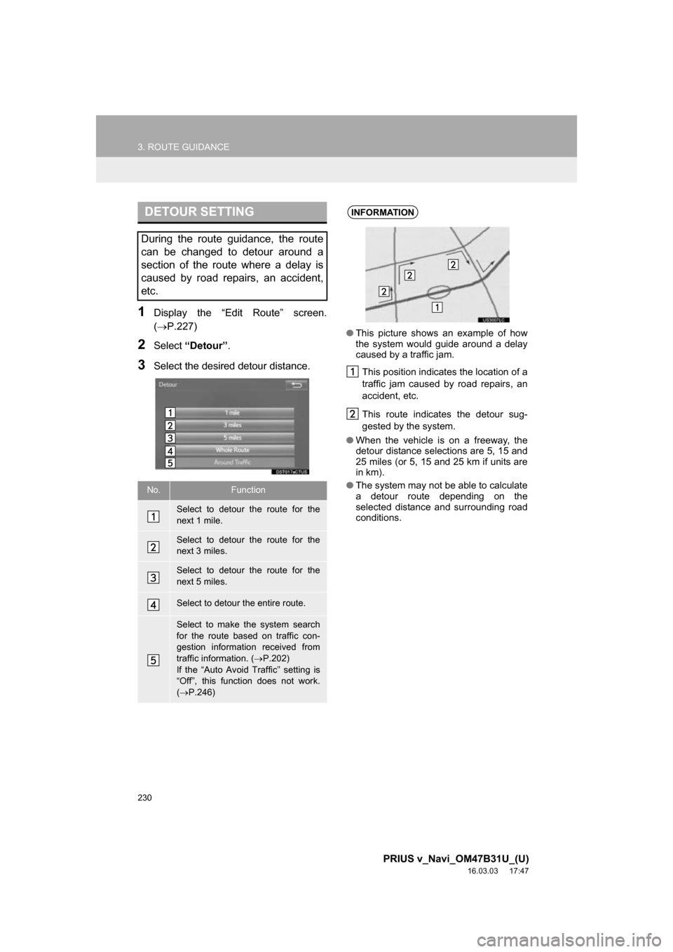 TOYOTA PRIUS V 2017 ZVW40 / 1.G Navigation Manual 230
3. ROUTE GUIDANCE
PRIUS v_Navi_OM47B31U_(U)
16.03.03 17:47
1Display the “Edit Route” screen.
(P.227)
2Select “Detour” .
3Select the desired detour distance.
DETOUR SETTING
During th TOYOTA PRIUS V 2017 ZVW40 / 1.G Navigation Manual 230
3. ROUTE GUIDANCE
PRIUS v_Navi_OM47B31U_(U)
16.03.03 17:47
1Display the “Edit Route” screen.
(P.227)
2Select “Detour” .
3Select the desired detour distance.
DETOUR SETTING
During th