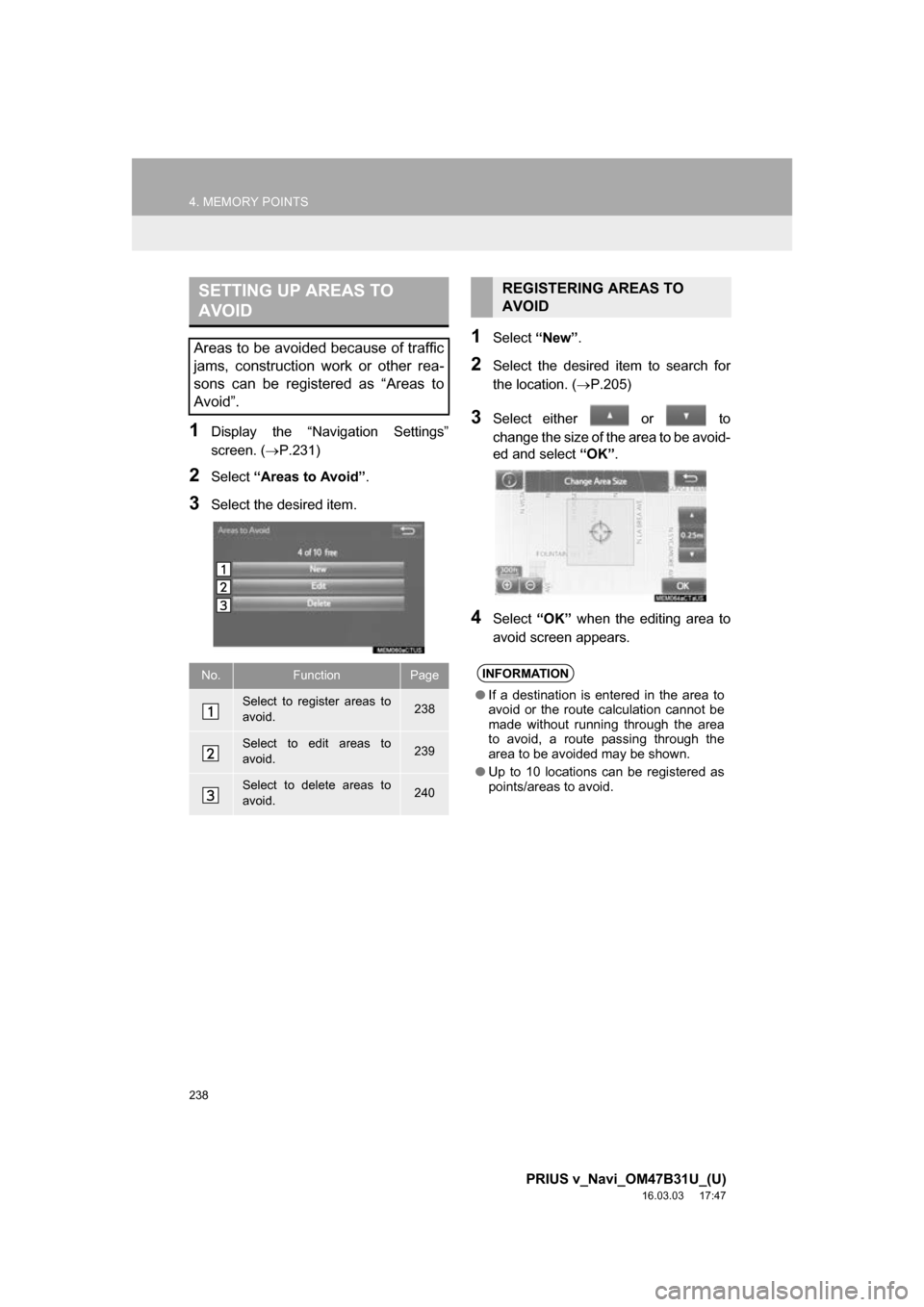 TOYOTA PRIUS V 2017 ZVW40 / 1.G Navigation Manual 238
4. MEMORY POINTS
PRIUS v_Navi_OM47B31U_(U)
16.03.03 17:47
1Display the “Navigation Settings”
screen. (P.231)
2Select “Areas to Avoid” .
3Select the desired item.
1Select “New”.
TOYOTA PRIUS V 2017 ZVW40 / 1.G Navigation Manual 238
4. MEMORY POINTS
PRIUS v_Navi_OM47B31U_(U)
16.03.03 17:47
1Display the “Navigation Settings”
screen. (P.231)
2Select “Areas to Avoid” .
3Select the desired item.
1Select “New”.
