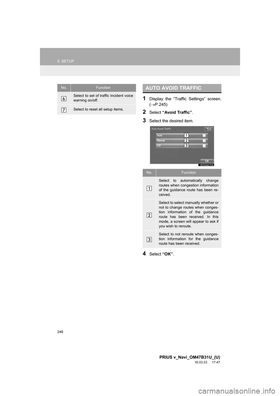 TOYOTA PRIUS V 2017 ZVW40 / 1.G Navigation Manual 246
5. SETUP
PRIUS v_Navi_OM47B31U_(U)
16.03.03 17:47
1Display the “Traffic Settings” screen.
(P.245)
2Select “Avoid Traffic” .
3Select the desired item.
4Select “OK”.
Select to set TOYOTA PRIUS V 2017 ZVW40 / 1.G Navigation Manual 246
5. SETUP
PRIUS v_Navi_OM47B31U_(U)
16.03.03 17:47
1Display the “Traffic Settings” screen.
(P.245)
2Select “Avoid Traffic” .
3Select the desired item.
4Select “OK”.
Select to set