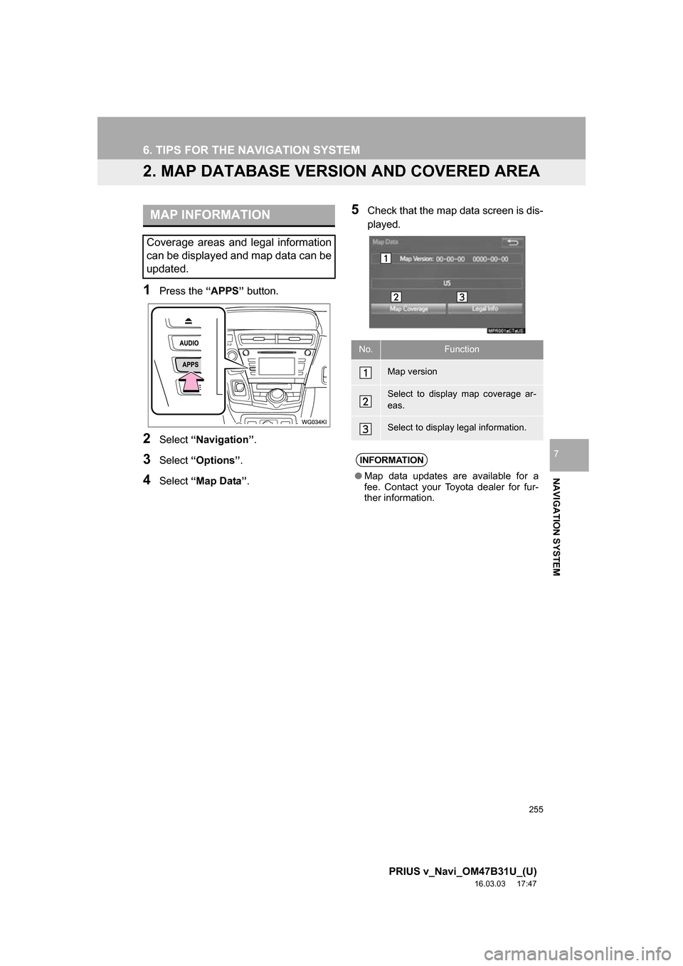 TOYOTA PRIUS V 2017 ZVW40 / 1.G Navigation Manual 255
6. TIPS FOR THE NAVIGATION SYSTEM
PRIUS v_Navi_OM47B31U_(U)
16.03.03 17:47
NAVIGATION SYSTEM
7
2. MAP DATABASE VERSION AND COVERED AREA
1Press the “APPS” button.
2Select “Navigation” . TOYOTA PRIUS V 2017 ZVW40 / 1.G Navigation Manual 255
6. TIPS FOR THE NAVIGATION SYSTEM
PRIUS v_Navi_OM47B31U_(U)
16.03.03 17:47
NAVIGATION SYSTEM
7
2. MAP DATABASE VERSION AND COVERED AREA
1Press the “APPS” button.
2Select “Navigation” .