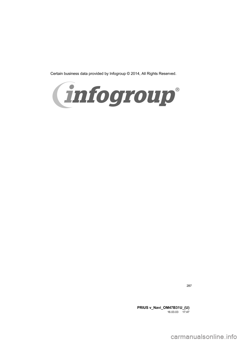TOYOTA PRIUS V 2017 ZVW40 / 1.G Navigation Manual 287
PRIUS v_Navi_OM47B31U_(U)
16.03.03 17:47
Certain business data provided by Infogroup © 2014, All Rights Reserved. TOYOTA PRIUS V 2017 ZVW40 / 1.G Navigation Manual 287
PRIUS v_Navi_OM47B31U_(U)
16.03.03 17:47
Certain business data provided by Infogroup © 2014, All Rights Reserved.