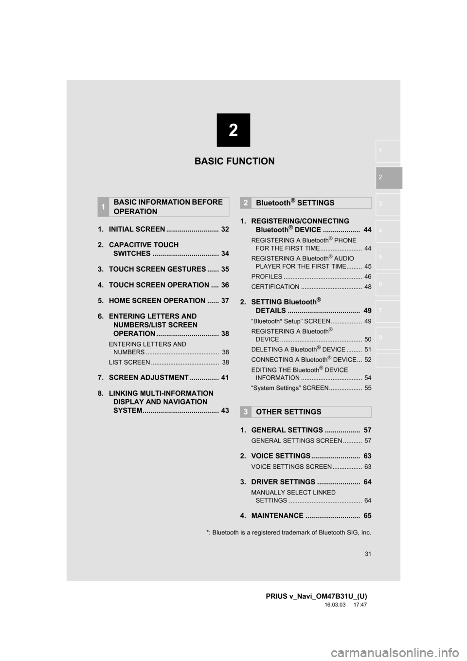 TOYOTA PRIUS V 2017 ZVW40 / 1.G Navigation Manual 2
31
PRIUS v_Navi_OM47B31U_(U)
16.03.03 17:47
1
2
3
4
5
6
7
8
1. INITIAL SCREEN ........................... 32
2. CAPACITIVE TOUCH SWITCHES .................................. 34
3. TOUCH SCREEN G TOYOTA PRIUS V 2017 ZVW40 / 1.G Navigation Manual 2
31
PRIUS v_Navi_OM47B31U_(U)
16.03.03 17:47
1
2
3
4
5
6
7
8
1. INITIAL SCREEN ........................... 32
2. CAPACITIVE TOUCH SWITCHES .................................. 34
3. TOUCH SCREEN G