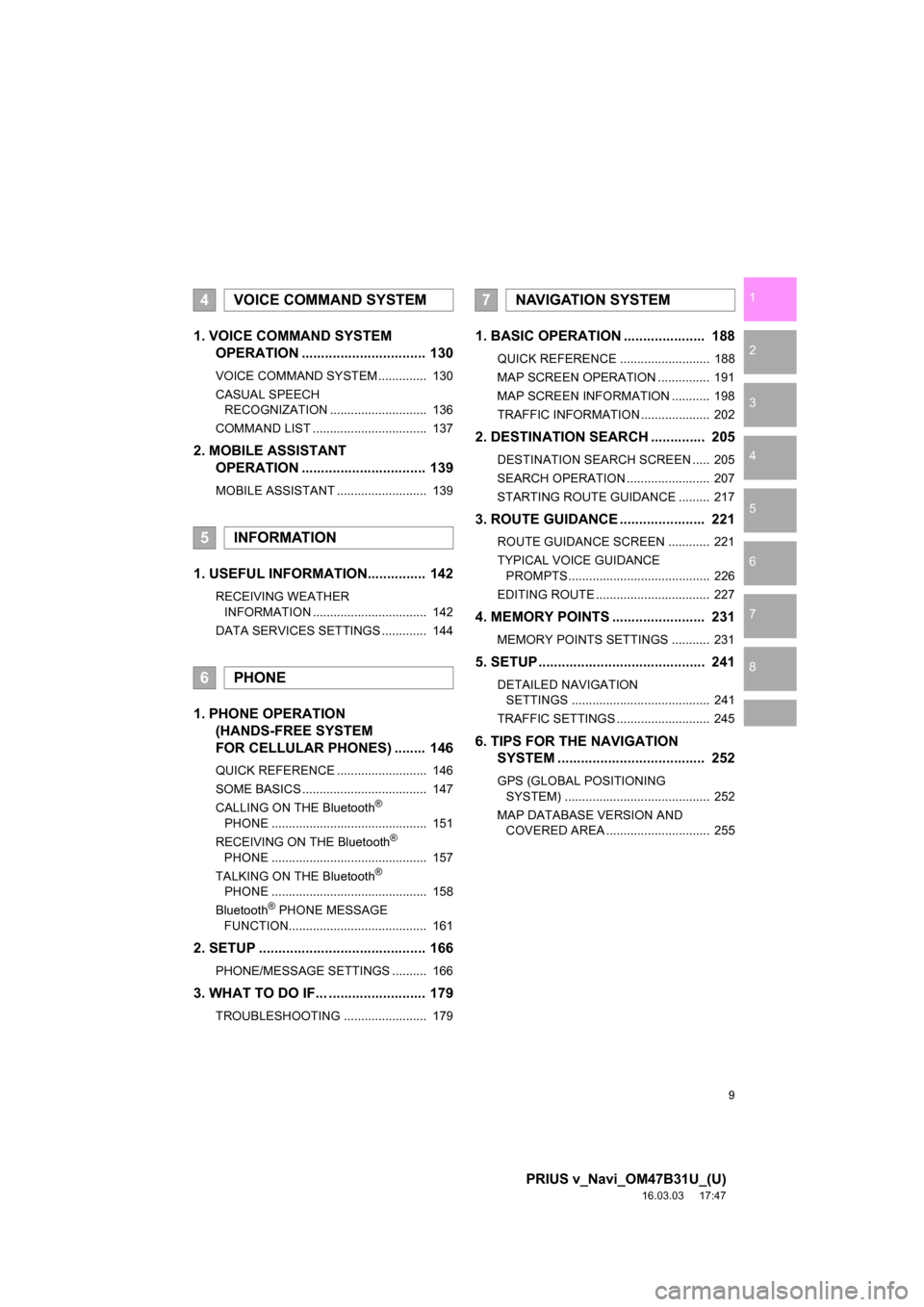 TOYOTA PRIUS V 2017 ZVW40 / 1.G Navigation Manual 9
PRIUS v_Navi_OM47B31U_(U)
16.03.03     17:47
1
2
3
4
5
6
7
8
1. VOICE COMMAND SYSTEM OPERATION ................................ 130
VOICE COMMAND SYSTEM..............  130
CASUAL SPEECH 
RECOGNIZATI