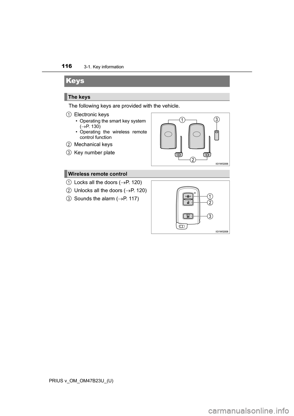 TOYOTA PRIUS V 2017 ZVW40 / 1.G Owners Manual 116
PRIUS v_OM_OM47B23U_(U)
3-1. Key information
Keys
The following keys are provided with the vehicle.Electronic keys
• Operating the smart key system ( P. 130)
• Operating the wireless remote