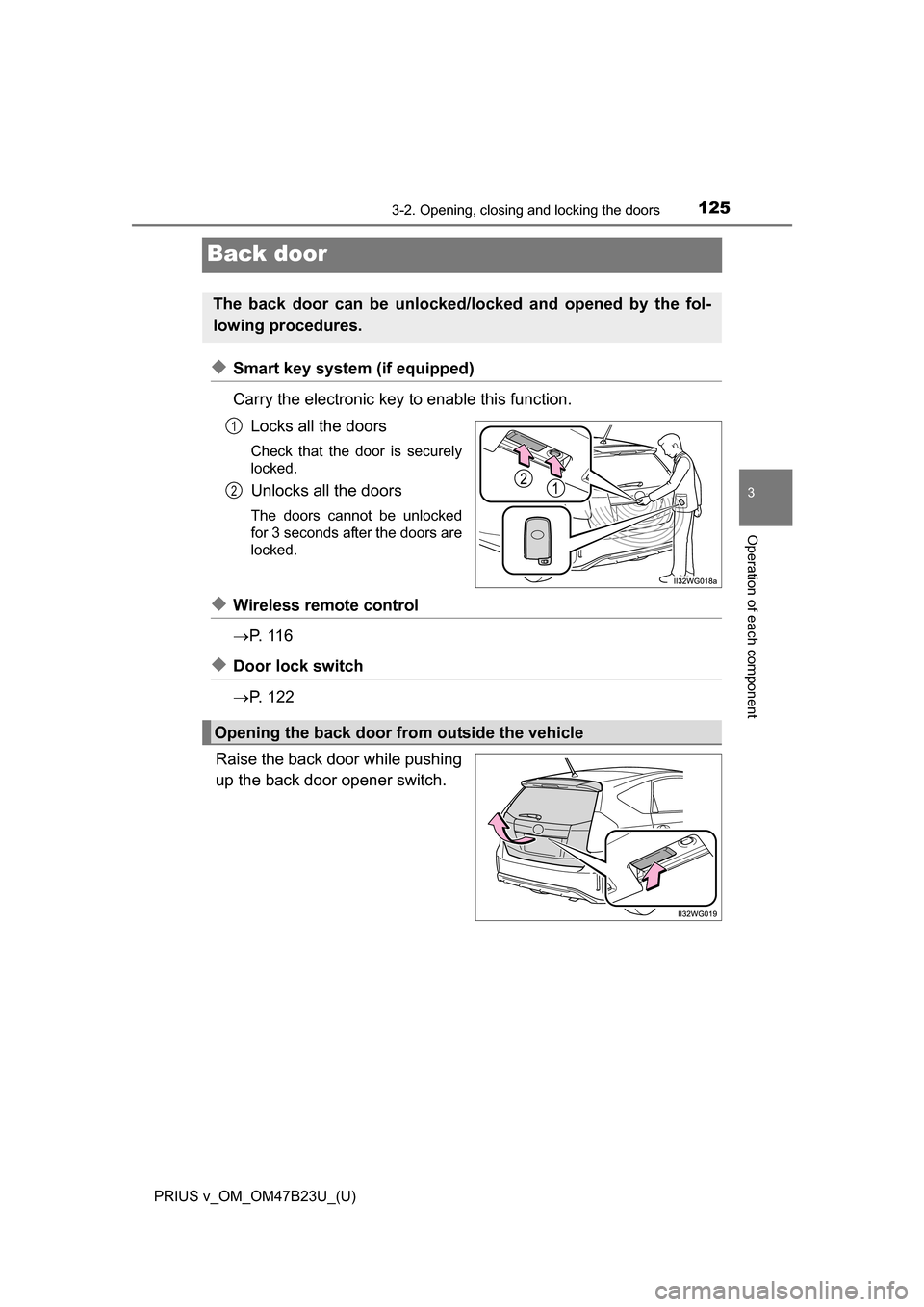 TOYOTA PRIUS V 2017 ZVW40 / 1.G Owners Manual 125
PRIUS v_OM_OM47B23U_(U)
3-2. Opening, closing and locking the doors
3
Operation of each component
Back door
◆Smart key system (if equipped)
Carry the electronic key to enable this function.Locks