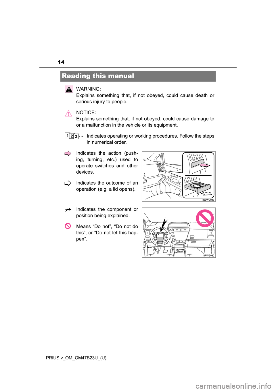TOYOTA PRIUS V 2017 ZVW40 / 1.G User Guide 14
PRIUS v_OM_OM47B23U_(U)
Reading this manual
WARNING:
Explains something that, if not obeyed, could cause death or
serious injury to people.
NOTICE:
Explains something that, if not obeyed, could c TOYOTA PRIUS V 2017 ZVW40 / 1.G User Guide 14
PRIUS v_OM_OM47B23U_(U)
Reading this manual
WARNING:
Explains something that, if not obeyed, could cause death or
serious injury to people.
NOTICE:
Explains something that, if not obeyed, could c