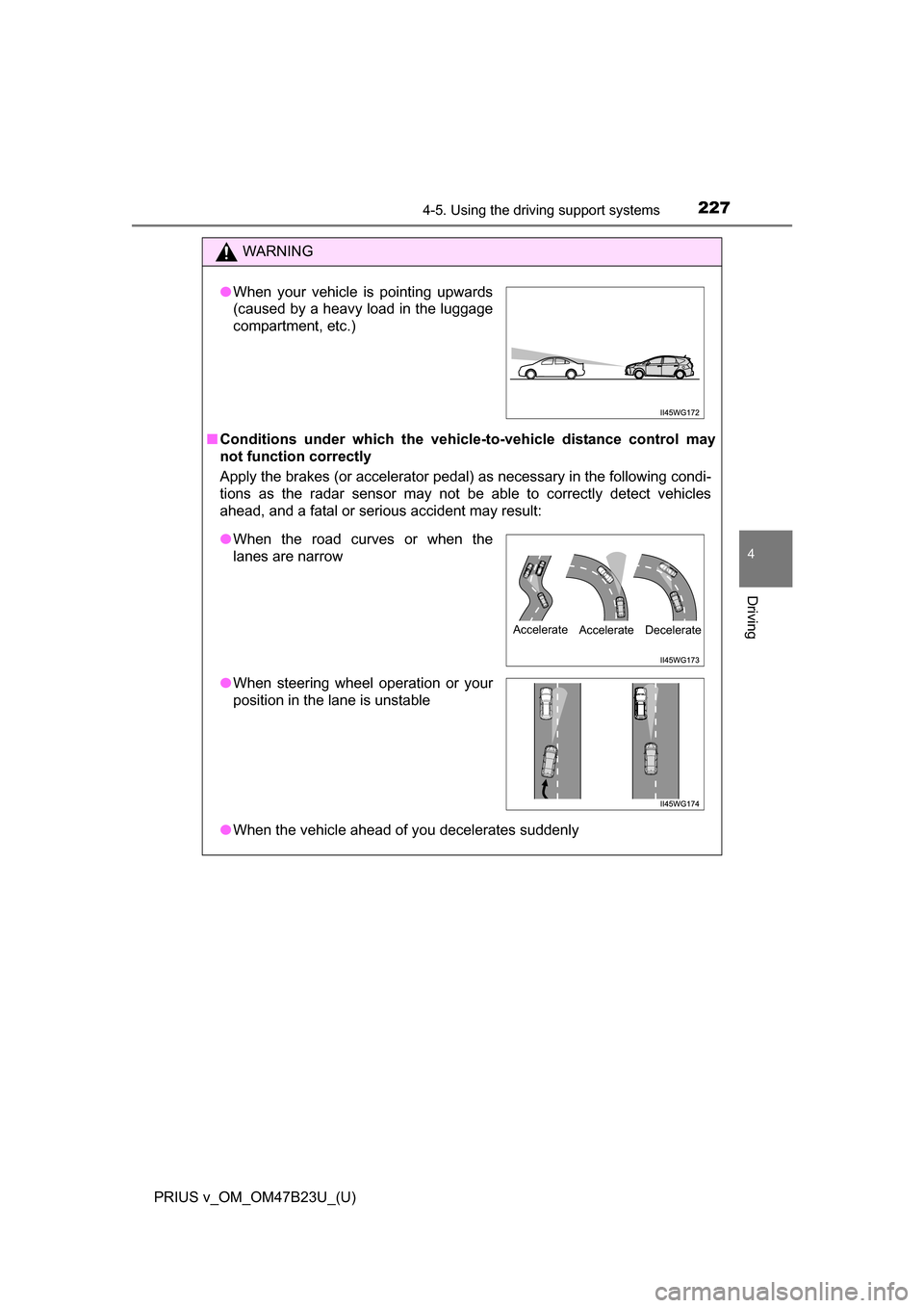 TOYOTA PRIUS V 2017 ZVW40 / 1.G Owners Manual PRIUS v_OM_OM47B23U_(U)
2274-5. Using the driving support systems
4
Driving
WARNING
■Conditions under which the vehicle-to-vehicle distance control may
not function correctly
Apply the brakes (or ac TOYOTA PRIUS V 2017 ZVW40 / 1.G Owners Manual PRIUS v_OM_OM47B23U_(U)
2274-5. Using the driving support systems
4
Driving
WARNING
■Conditions under which the vehicle-to-vehicle distance control may
not function correctly
Apply the brakes (or ac