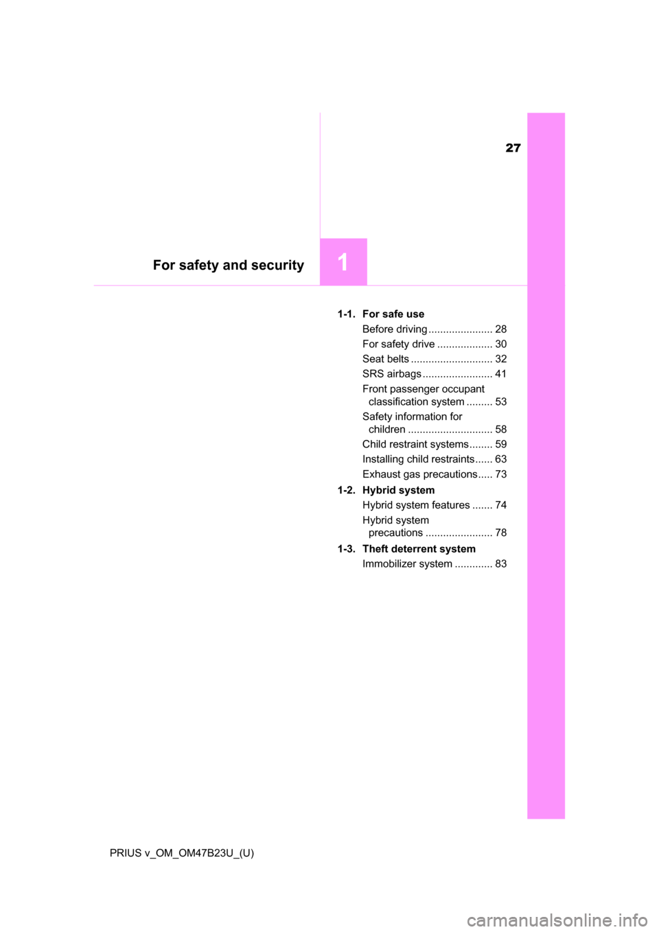 TOYOTA PRIUS V 2017 ZVW40 / 1.G Owners Manual 27
PRIUS v_OM_OM47B23U_(U)
For safety and security1
1-1. For safe useBefore driving ...................... 28
For safety drive ................... 30
Seat belts ............................ 32
SRS air