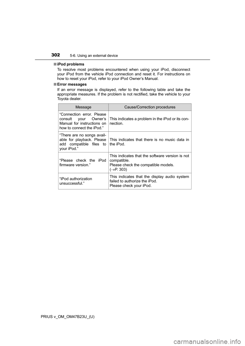TOYOTA PRIUS V 2017 ZVW40 / 1.G Owners Manual 3025-6. Using an external device
PRIUS v_OM_OM47B23U_(U)■
iPod problems
To resolve most problems encountered when using your iPod, disconnect
your iPod from the vehicle iPod connection and reset it. TOYOTA PRIUS V 2017 ZVW40 / 1.G Owners Manual 3025-6. Using an external device
PRIUS v_OM_OM47B23U_(U)■
iPod problems
To resolve most problems encountered when using your iPod, disconnect
your iPod from the vehicle iPod connection and reset it.