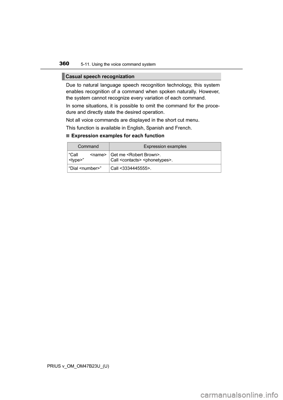 TOYOTA PRIUS V 2017 ZVW40 / 1.G Owners Manual 3605-11. Using the voice command system
PRIUS v_OM_OM47B23U_(U)
Due to natural language speech recognition technology, this system
enables recognition of a command when spoken naturally. However,
the TOYOTA PRIUS V 2017 ZVW40 / 1.G Owners Manual 3605-11. Using the voice command system
PRIUS v_OM_OM47B23U_(U)
Due to natural language speech recognition technology, this system
enables recognition of a command when spoken naturally. However,
the