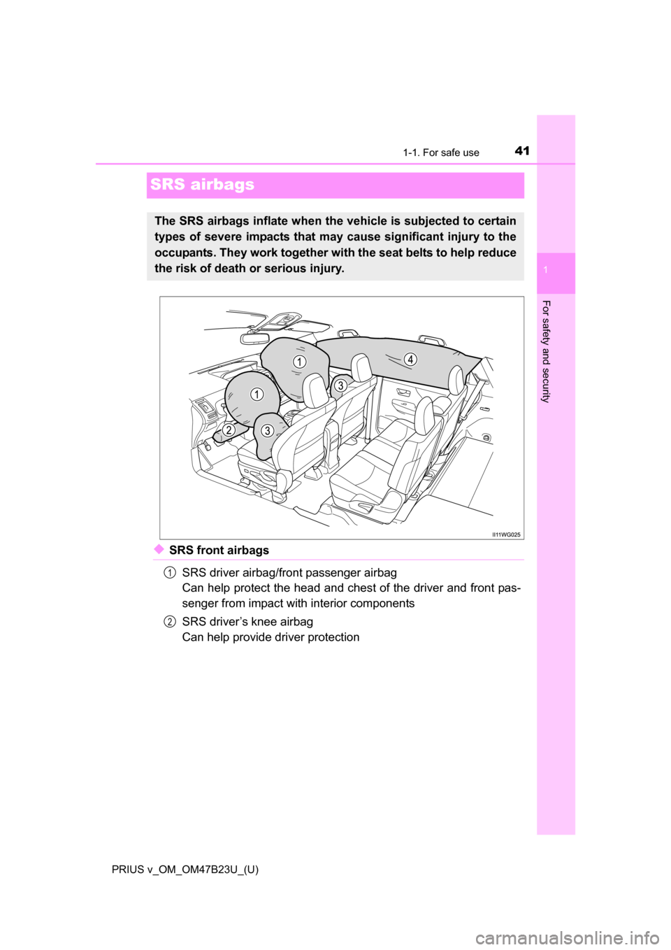 TOYOTA PRIUS V 2017 ZVW40 / 1.G Service Manual 411-1. For safe use
PRIUS v_OM_OM47B23U_(U)
1
For safety and security
SRS airbags
◆SRS front airbagsSRS driver airbag/front passenger airbag
Can help protect the head and chest of the driver and fro TOYOTA PRIUS V 2017 ZVW40 / 1.G Service Manual 411-1. For safe use
PRIUS v_OM_OM47B23U_(U)
1
For safety and security
SRS airbags
◆SRS front airbagsSRS driver airbag/front passenger airbag
Can help protect the head and chest of the driver and fro