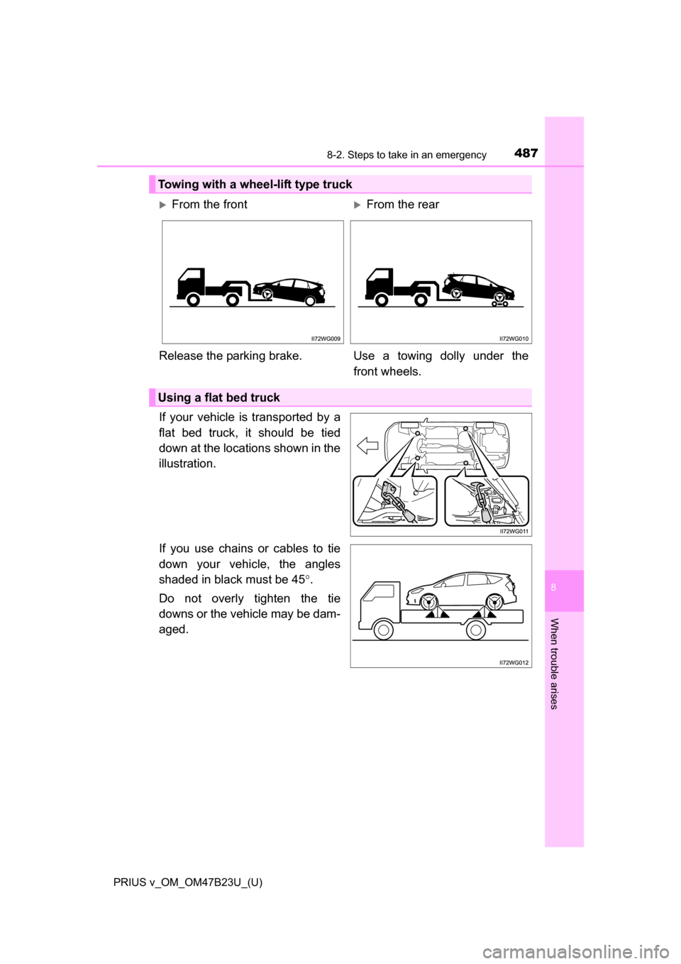 TOYOTA PRIUS V 2017 ZVW40 / 1.G Owners Manual 4878-2. Steps to take in an emergency
PRIUS v_OM_OM47B23U_(U)
8
When trouble arises
If your vehicle is transported by a
flat bed truck, it should be tied
down at the locations shown in the
illustratio TOYOTA PRIUS V 2017 ZVW40 / 1.G Owners Manual 4878-2. Steps to take in an emergency
PRIUS v_OM_OM47B23U_(U)
8
When trouble arises
If your vehicle is transported by a
flat bed truck, it should be tied
down at the locations shown in the
illustratio