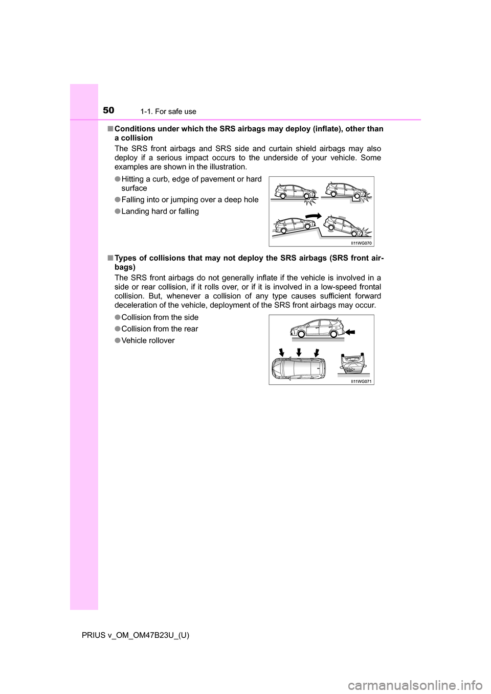 TOYOTA PRIUS V 2017 ZVW40 / 1.G Service Manual 501-1. For safe use
PRIUS v_OM_OM47B23U_(U)■
Conditions under which the SRS airbags may deploy (inflate), other than
a collision
The SRS front airbags and SRS side and curtain shield airbags may als TOYOTA PRIUS V 2017 ZVW40 / 1.G Service Manual 501-1. For safe use
PRIUS v_OM_OM47B23U_(U)■
Conditions under which the SRS airbags may deploy (inflate), other than
a collision
The SRS front airbags and SRS side and curtain shield airbags may als