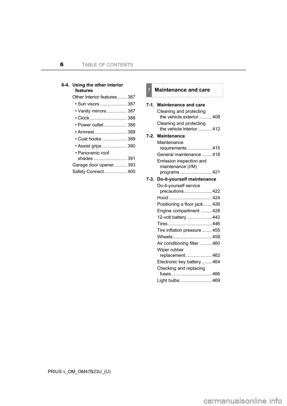 TOYOTA PRIUS V 2017 ZVW40 / 1.G Owners Manual TABLE OF CONTENTS6
PRIUS v_OM_OM47B23U_(U)6-4. Using the other interior 
features
Other interior features ....... 387
• Sun visors ..................... 387
• Vanity mirrors................ 387
�