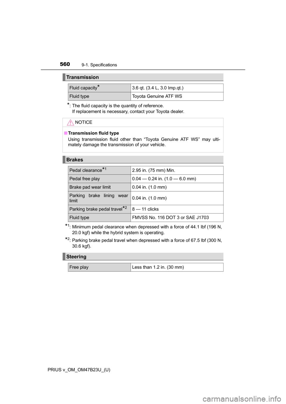 TOYOTA PRIUS V 2017 ZVW40 / 1.G Owners Manual 560
PRIUS v_OM_OM47B23U_(U)
9-1. Specifications
*: The fluid capacity is the quantity of reference.If replacement is necessary, contact your Toyota dealer.
*1: Minimum pedal clearance when depressed w TOYOTA PRIUS V 2017 ZVW40 / 1.G Owners Manual 560
PRIUS v_OM_OM47B23U_(U)
9-1. Specifications
*: The fluid capacity is the quantity of reference.If replacement is necessary, contact your Toyota dealer.
*1: Minimum pedal clearance when depressed w