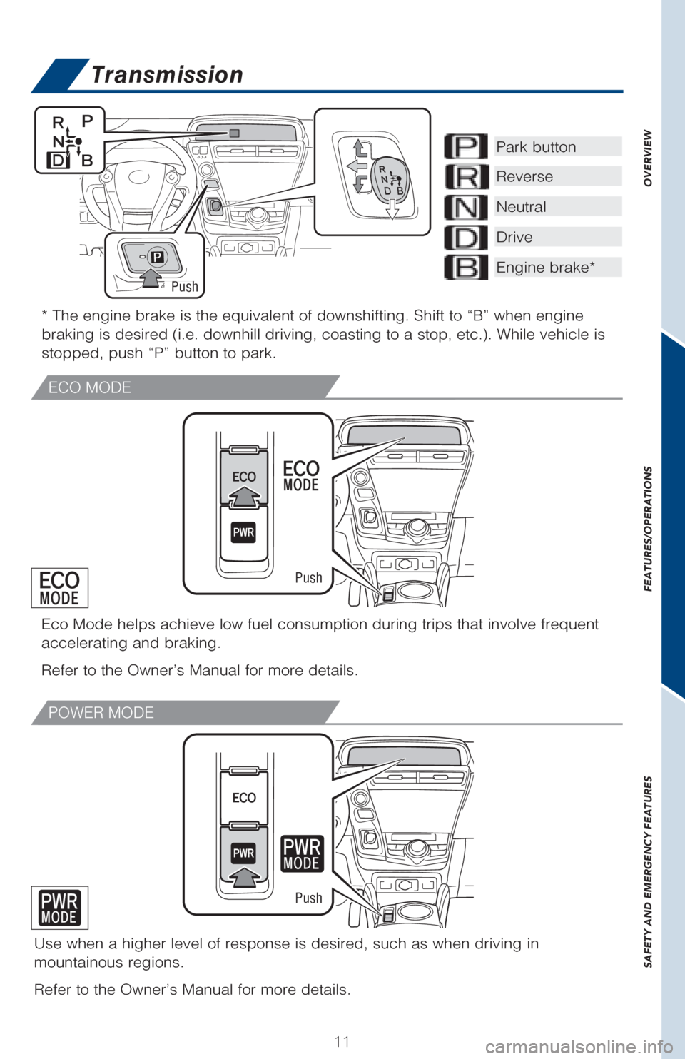 TOYOTA PRIUS V 2017 ZVW40 / 1.G Quick Reference Guide OVERVIEW
FEATURES/OPERATIONS
SAFETY AND EMERGENCY FEATURES
11
ECO MODE
POWER MODE
* The engine brake is the equivalent of downshifting. Shift to “B”\
when engine
braking is desired (i.e. downhil TOYOTA PRIUS V 2017 ZVW40 / 1.G Quick Reference Guide OVERVIEW
FEATURES/OPERATIONS
SAFETY AND EMERGENCY FEATURES
11
ECO MODE
POWER MODE
* The engine brake is the equivalent of downshifting. Shift to “B”\
when engine
braking is desired (i.e. downhil
