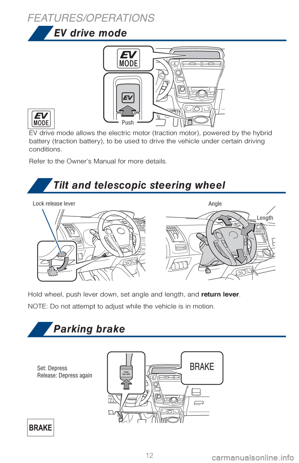 TOYOTA PRIUS V 2017 ZVW40 / 1.G Quick Reference Guide 12
Push
EV drive mode allows the electric motor (traction motor), powered by t\
he hybrid
battery (traction battery), to be used to drive the vehicle under cert\
ain driving
conditions.
Refer to the TOYOTA PRIUS V 2017 ZVW40 / 1.G Quick Reference Guide 12
Push
EV drive mode allows the electric motor (traction motor), powered by t\
he hybrid
battery (traction battery), to be used to drive the vehicle under cert\
ain driving
conditions.
Refer to the