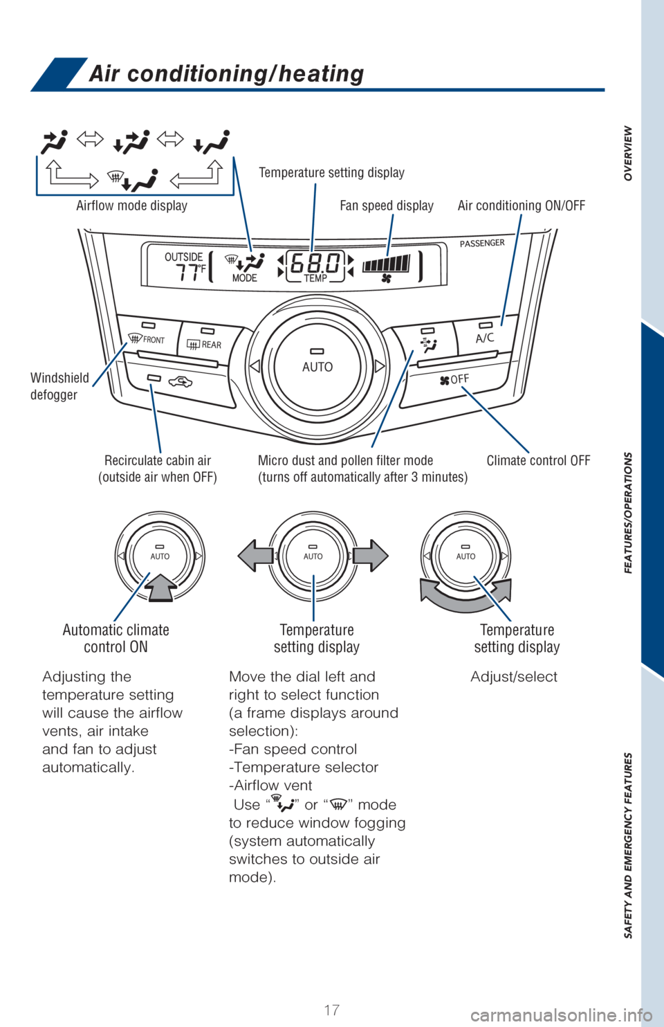 TOYOTA PRIUS V 2017 ZVW40 / 1.G Quick Reference Guide OVERVIEW
FEATURES/OPERATIONS
SAFETY AND EMERGENCY FEATURES
17
Air conditioning/heating
Adjust/selectAdjusting the
temperature setting
will cause the airflow
vents, air intake
and fan to adjust
au TOYOTA PRIUS V 2017 ZVW40 / 1.G Quick Reference Guide OVERVIEW
FEATURES/OPERATIONS
SAFETY AND EMERGENCY FEATURES
17
Air conditioning/heating
Adjust/selectAdjusting the
temperature setting
will cause the airflow
vents, air intake
and fan to adjust
au