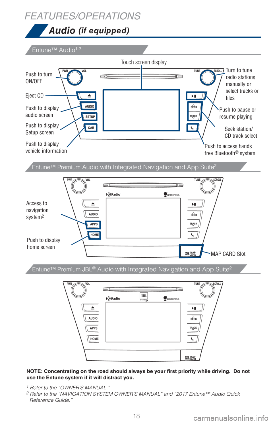 TOYOTA PRIUS V 2017 ZVW40 / 1.G Quick Reference Guide 18
Entune™ Audio1,2
Entune™ Premium JBL® Audio with Integrated Navigation and App Suite2
Entune™ Premium Audio with Integrated Navigation and App Suite2
FEATURES/OPERATIONSAudio
(if equipped)
TOYOTA PRIUS V 2017 ZVW40 / 1.G Quick Reference Guide 18
Entune™ Audio1,2
Entune™ Premium JBL® Audio with Integrated Navigation and App Suite2
Entune™ Premium Audio with Integrated Navigation and App Suite2
FEATURES/OPERATIONSAudio
(if equipped)