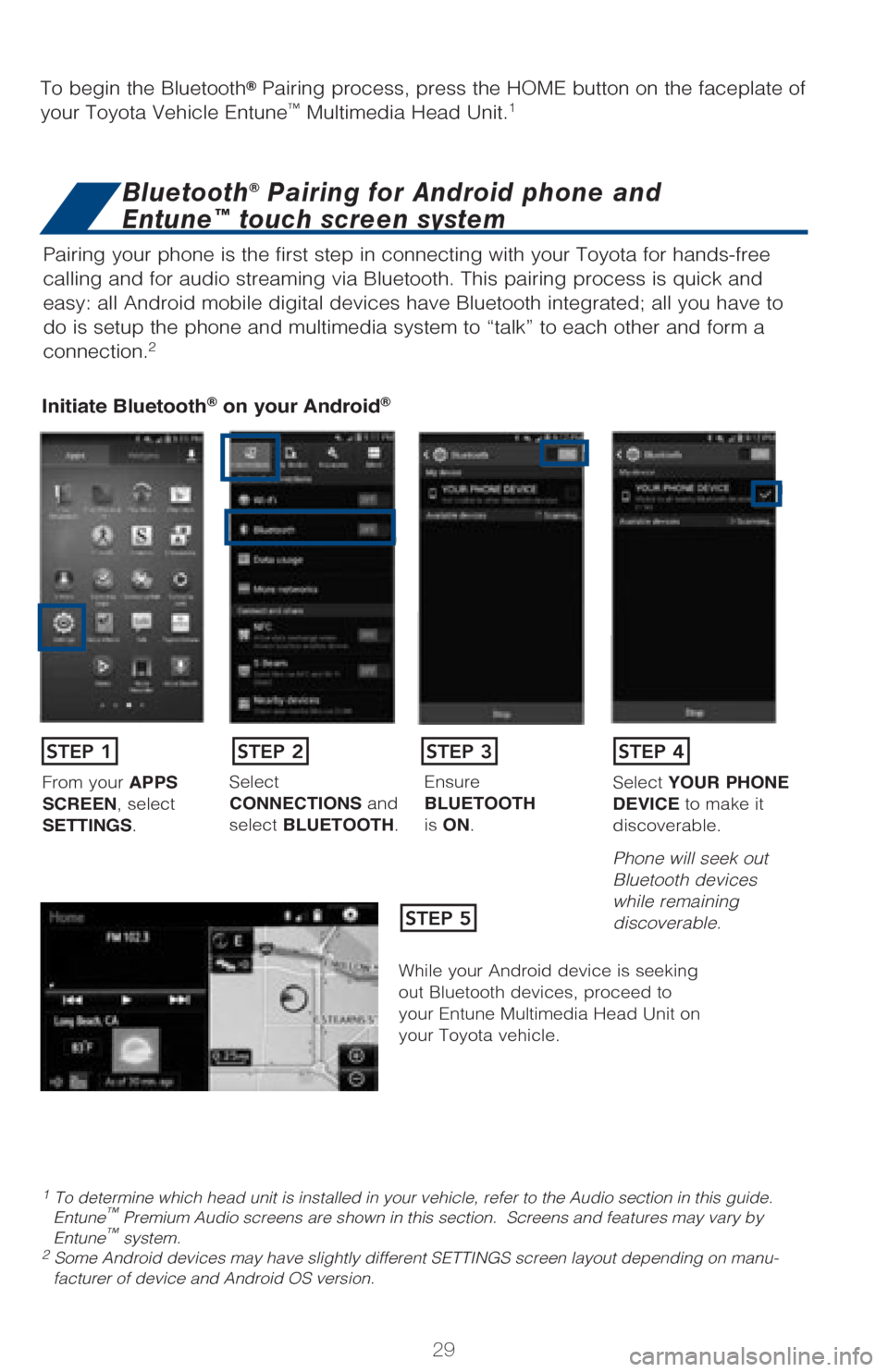 TOYOTA PRIUS V 2017 ZVW40 / 1.G Quick Reference Guide 29
Pairing your phone is the first step in connecting with your Toyota for \
hands-free
calling and for audio streaming via Bluetooth. This pairing process is q\
uick and
easy: all Android mobile di TOYOTA PRIUS V 2017 ZVW40 / 1.G Quick Reference Guide 29
Pairing your phone is the first step in connecting with your Toyota for \
hands-free
calling and for audio streaming via Bluetooth. This pairing process is q\
uick and
easy: all Android mobile di