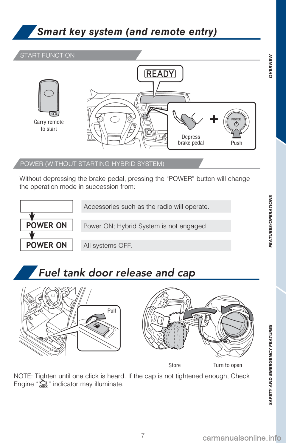 TOYOTA PRIUS V 2017 ZVW40 / 1.G Quick Reference Guide OVERVIEW
FEATURES/OPERATIONS
SAFETY AND EMERGENCY FEATURES
7
START FUNCTION
Fuel tank door release and cap
NOTE: Tighten until one click is heard. If the cap is not tightened enou\
gh, Check 
Engine �