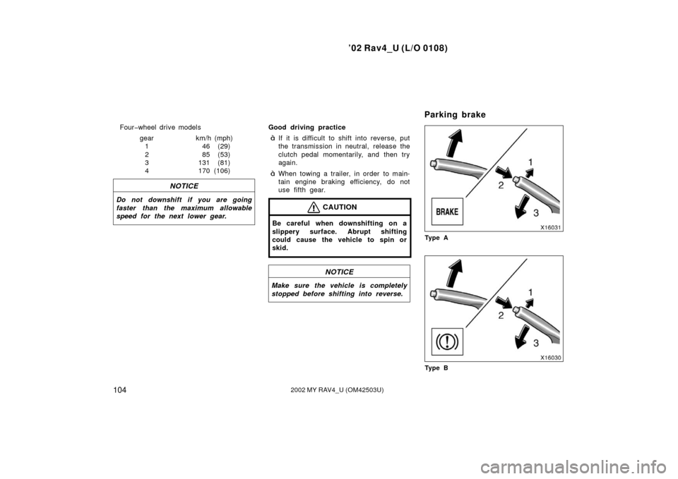 TOYOTA RAV4 2002 XA20 / 2.G Owners Manual ’02 Rav4_U (L/O 0108)
1042002 MY RAV4_U (OM42503U)
Four�wheel drive modelsgear km/h (mph)1 46 (29)
2 85 (53)
3 131 (81)
4 170 (106)
NOTICE
Do not downshift if you are going
faster than the maximum a